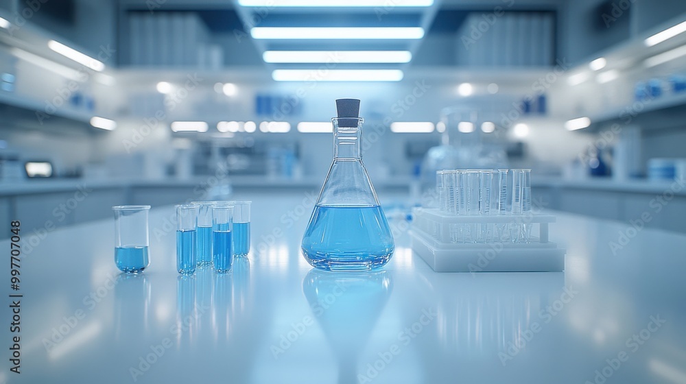 A medical-themed flyer design with a blue science laboratory backdrop, featuring a detailed view of a lab station filled with glassware and digital screens A medical-themed flyer design with a blue science laboratory backdrop, featuring a detailed view of a lab station filled with glassware and digital screens
