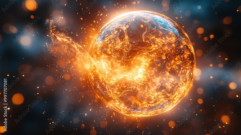 A golden bubble dissolving into the surface of a transparent skin cell, leaving a trail of light A golden bubble dissolving into the surface of a transparent skin cell, leaving a trail of light
