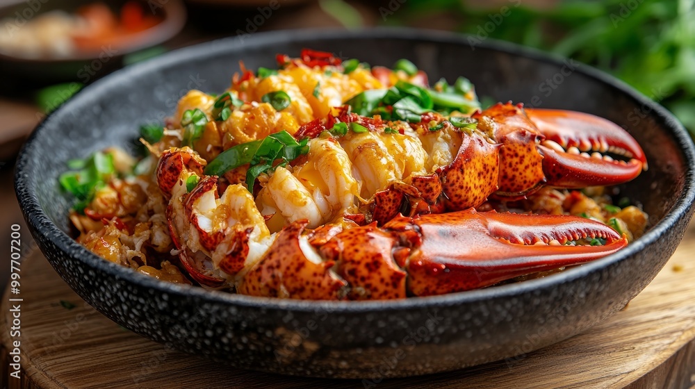 Boston Lobster tossed with Salted Egg Yolk served in a dish side view on wooden background Boston Lobster tossed with Salted Egg Yolk served in a dish side view on wooden background