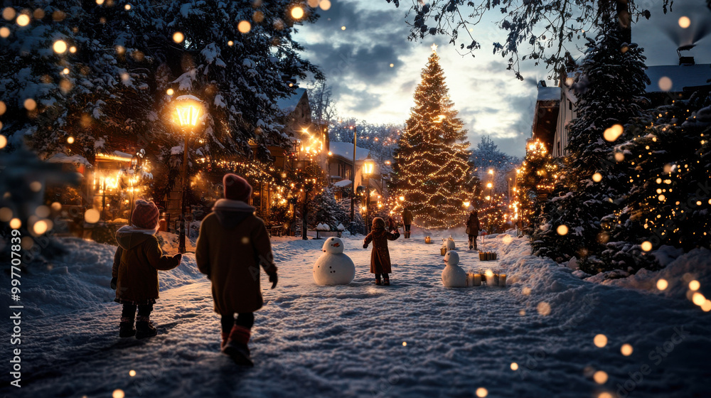 Enchanting winter scene with glowing lights, a tall Christmas tree, and joyful families creating snowmen in a snowy landscape. Enchanting winter scene with glowing lights, a tall Christmas tree, and joyful families creating snowmen in a snowy landscape.