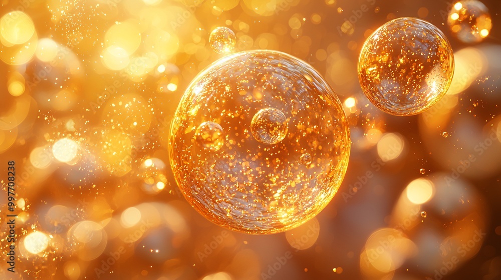 Golden bubbles gently spreading across the surface of skin cells, creating a sparkling effect Golden bubbles gently spreading across the surface of skin cells, creating a sparkling effect