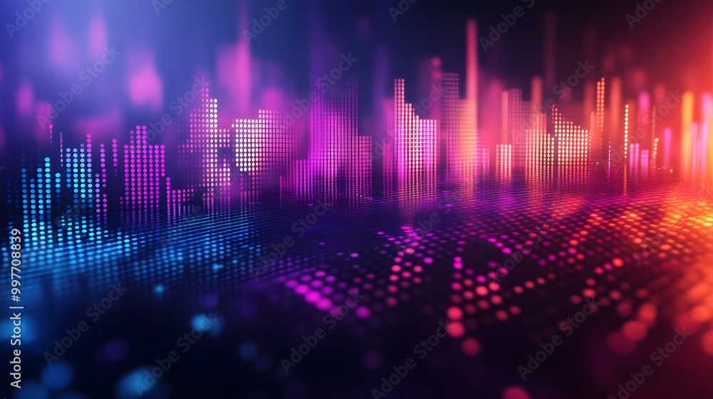 A colorful music equalizer pattern rising and falling, set against a bold purple, blue, and pink background A colorful music equalizer pattern rising and falling, set against a bold purple, blue, and pink background
