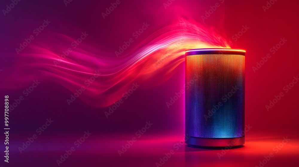 A futuristic glowing speaker, sending out pulses of bright, multicolored sound waves on a bold red and purple background A futuristic glowing speaker, sending out pulses of bright, multicolored sound waves on a bold red and purple background