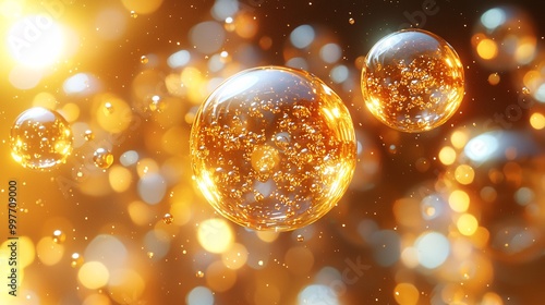 A 3D rendering of golden bubbles circulating around a network of skin cells in slow motion photo