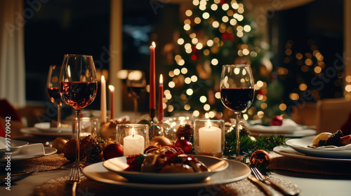 Festive dinner table with candles and wine glasses