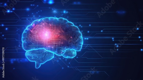 Digital Brain Illustration with Circuitry and Glowing Lines