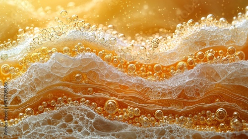 A cross-section of skin, showing golden bubbles traveling between the layers of skin cells