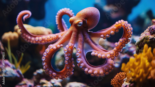 World Octopus Day. Octopus in the sea. Cute octopus in an underwater coral reef. Colorful octopuses in anemones on the background of coral reefs. Beautiful octopus underwater. Copy space area