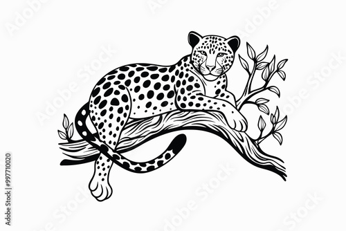 cheerful leopard lounging in a tree D.eps