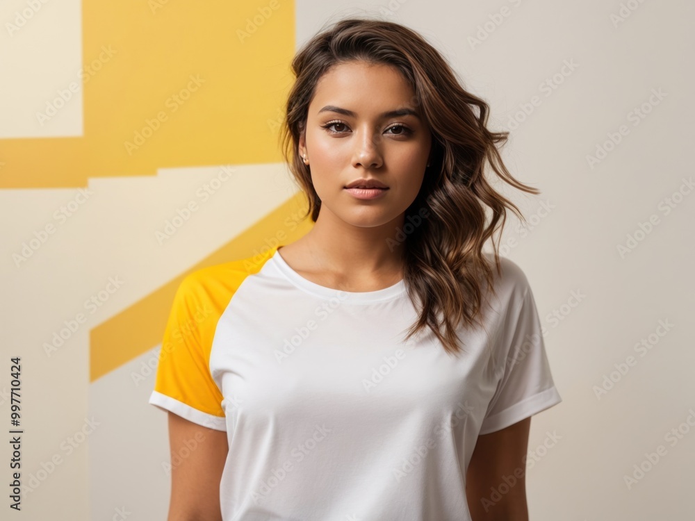Fototapeta premium women in white tshirt mockup on yellow background