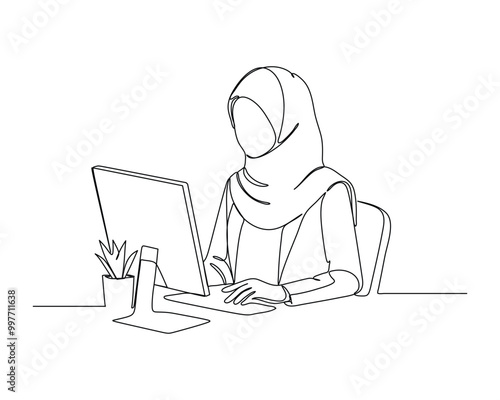 Line drawing of a person wearing a hijab, sitting at a desk and working on a desktop pc, symbolizing modern technology work and study environments with inclusivity.