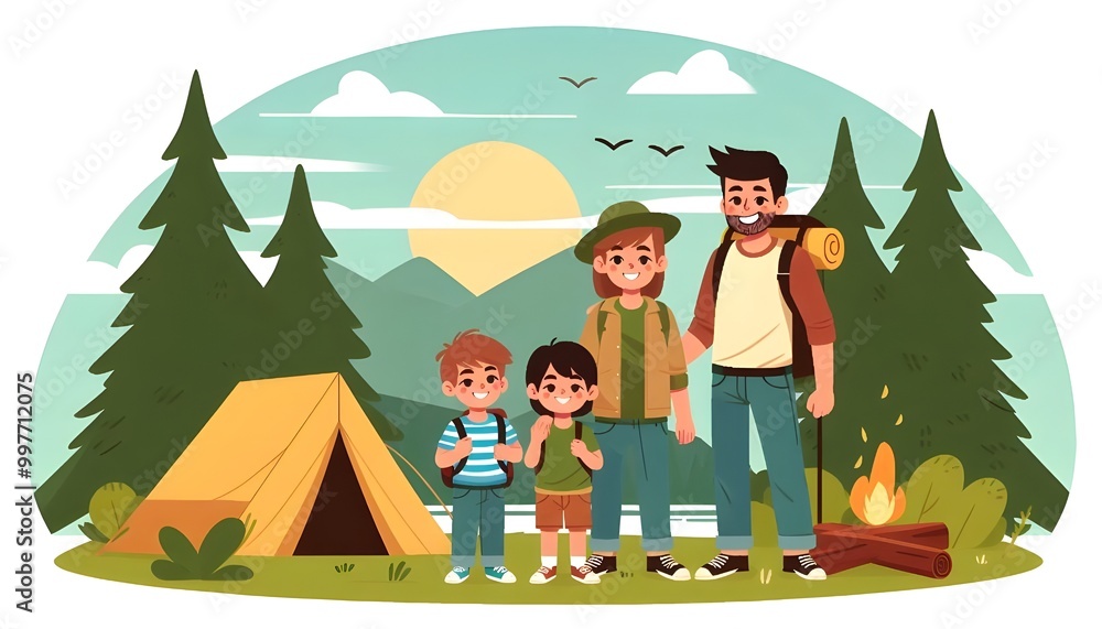 Fototapeta premium Vector art of a family standing next to a tent in nature
