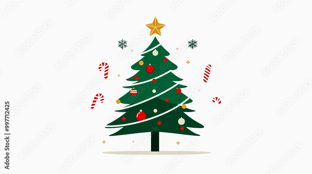 Minimalist Christmas Tree Illustration with Candy Canes on a White Background, Ideal for Modern Holiday Card Designs