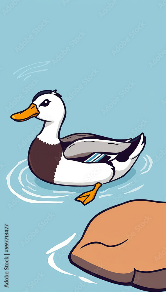 Fototapeta premium A white duck is standing on a log in a pond