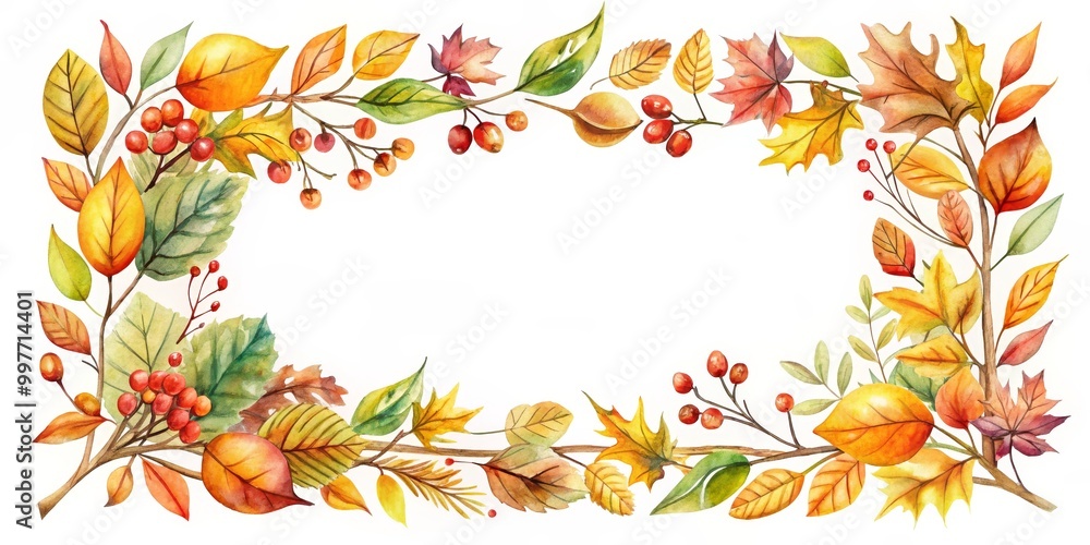 Botanical Elegance Watercolor Frame of Autumn Foliage in Symmetrical Harmony - Vibrant Leaves, Berries, Tranquil White Background - Cozy, Inviting Atmosphere for Seasonal Designs Botanical Elegance Watercolor Frame of Autumn Foliage in Symmetrical Harmony - Vibrant Leaves, Berries, Tranquil White Background - Cozy, Inviting Atmosphere for Seasonal Designs