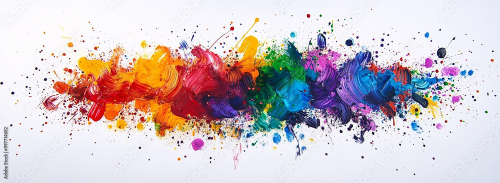Fototapeta premium A vibrant explosion of paint splatters, creating an abstract and dynamic composition on a white canvas