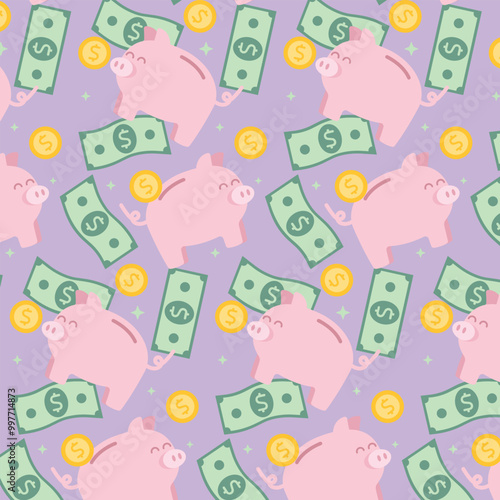 Dollar bill, piggy bank and coins background, Seamless pattern with money, Pattern of financial design.