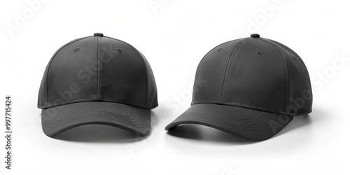 Minimalist Black Baseball Caps Mockup on White Surface for Branding and Design, Simple Elegance and Versatility in Product Photography