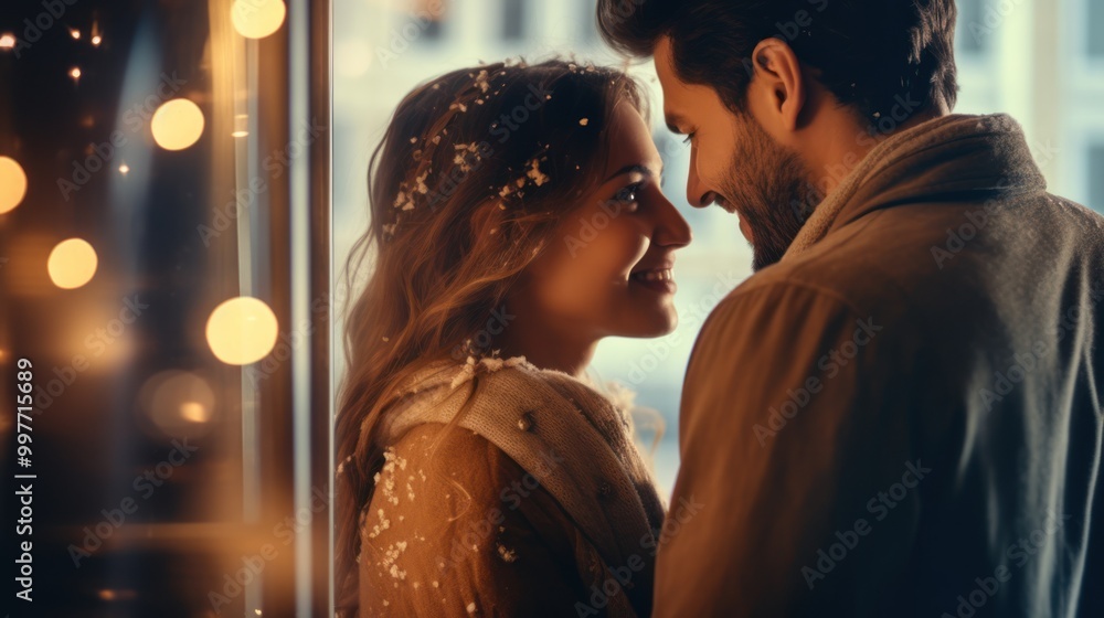 Fototapeta premium Loving couple celebrating Christmas at home. Man and woman in a seasonal winter interior. The concept of holidays.