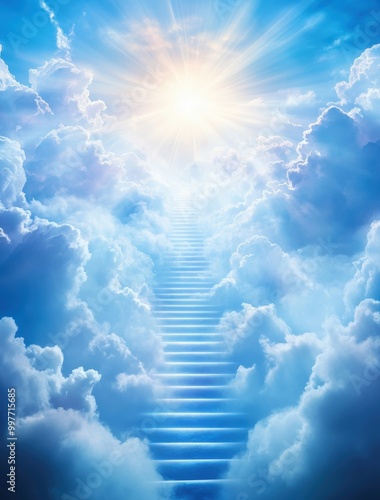 A serene image depicting a staircase leading to the radiant light above, surrounded by fluffy clouds in a bright blue sky. photo