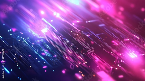 Abstract Circuit Board with Glowing Pink and Blue Lines