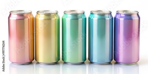 Shimmering Rainbow Gradient Aluminum Beverage Cans on Clean White Background - Modern Product Display for Brand Promotion and Advertising