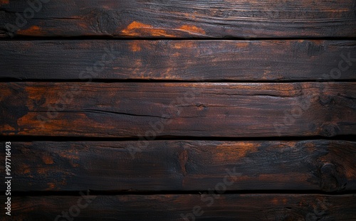 Dark wooden planks display rich textures and colors, showcasing natural patterns and a rustic aesthetic. photo