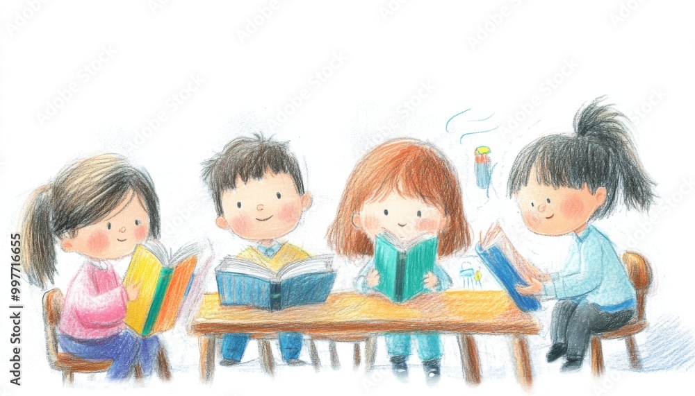 Fototapeta premium Illustration Children are learning together at school. Illustration Children reading a book. Ilustrasi pencil style texture. Colorful Classroom Scene with Happy Students.