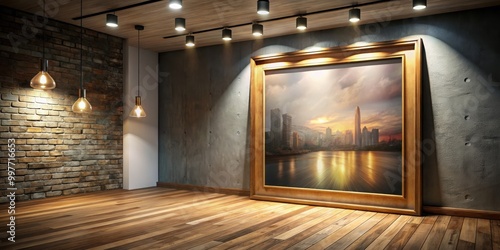 Wallpaper Mural Urban Elegance Modern Interior with Sunset Skyline Painting in Sophisticated Art Gallery Ambiance, Minimalist Design Torontodigital.ca