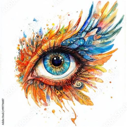 Enigmatic Winged Eye Surrealism - Bold Watercolor Painting with Psychedelic Vibe on White Background