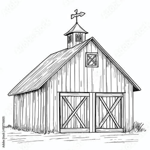 Farm house, barn coloring page for kids. Summer landcape vector illustration