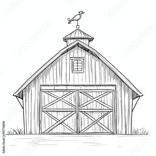 Farm house, barn coloring page for kids. Summer landcape vector illustration