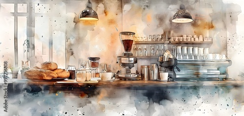 A cozy coffee shop scene, featuring freshly baked bread and coffee equipment, blending warm tones in a watercolor style.