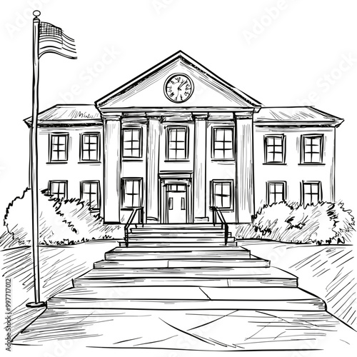 White house in continuous one line art drawing coloring book page