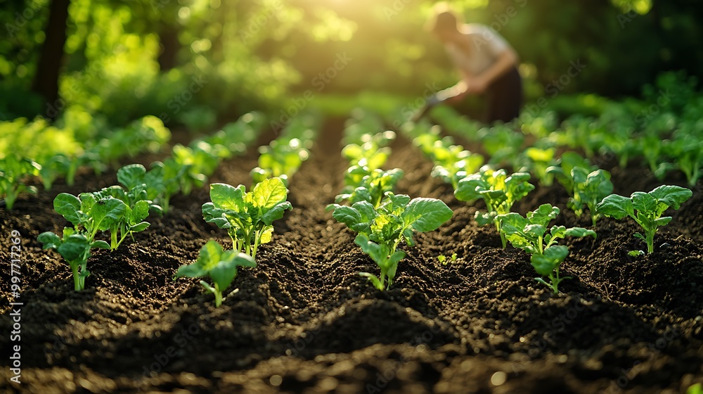 A gardener aerating soil in a well-tended vegetable garden, using a handheld tool to loosen the earth, with young plants thriving in neat rows, warm sunlight filtering through nearby trees. A gardener aerating soil in a well-tended vegetable garden, using a handheld tool to loosen the earth, with young plants thriving in neat rows, warm sunlight filtering through nearby trees.