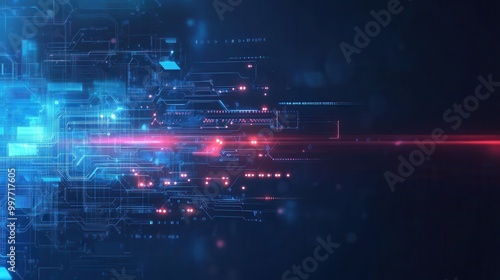 Abstract digital circuit board with glowing lines and red lights