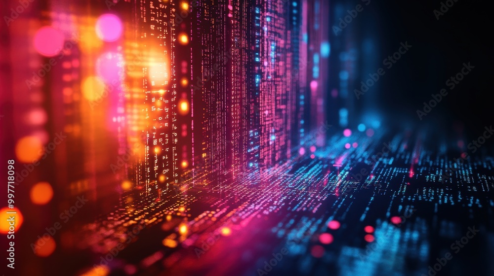 Fototapeta premium Abstract Digital Matrix with Blurry Lights and Code