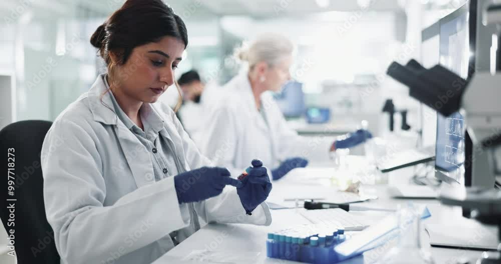 Woman, gloves and blood sample in lab with label for test, assessment or clinical analysis at pharma company. Scientist, person and glass container with dna, results and ppe with vaccine development Woman, gloves and blood sample in lab with label for test, assessment or clinical analysis at pharma company. Scientist, person and glass container with dna, results and ppe with vaccine development