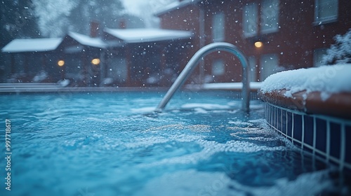 Outdoor swimming pool with snow falling, thriller-like atmosphere, cold winter day, blurred hotel in the background, close-up of handrail and water surface, depth of field, 
