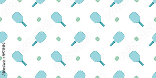 Pickleball seamless pattern with balls and racket on white background. Flat vector ornament for print, banner, card, fabric, cover, wrapping paper, wallpaper