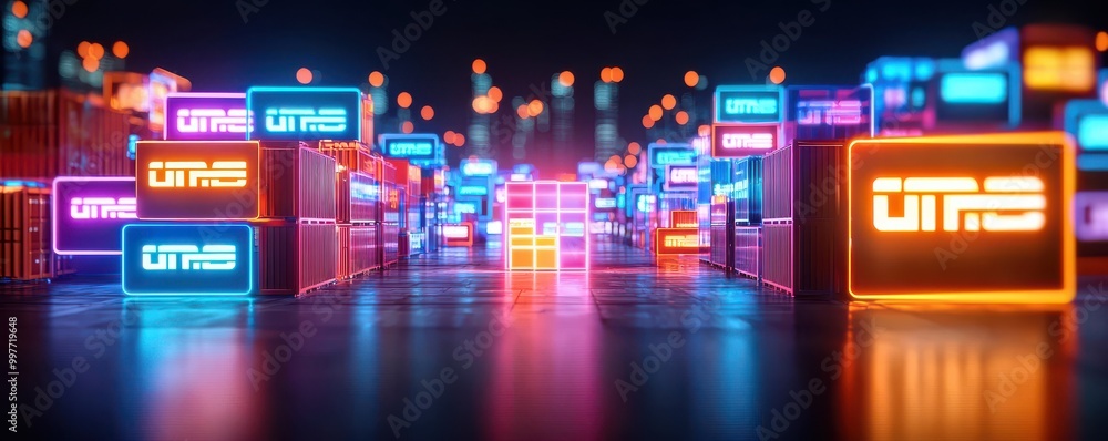 Colorful neon containers in a futuristic logistics setting. Colorful neon containers in a futuristic logistics setting.