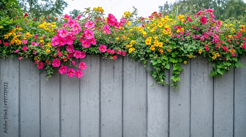 Colorful flowers atop a concrete fence.