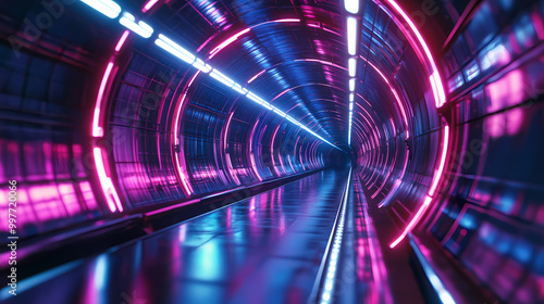 Fototapeta Naklejka Na Ścianę i Meble -  3d illustration of abstract flight in retro neon hyper warp space in the tunnel. Space Odyssey. Illustration