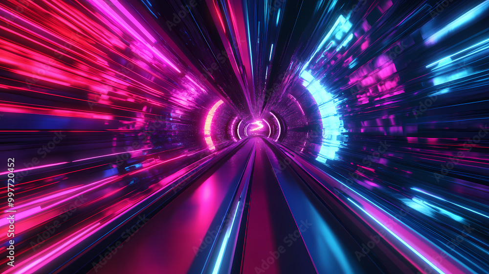 Fototapeta premium 3d illustration of abstract flight in retro neon hyper warp space in the tunnel. Space Odyssey. Illustration