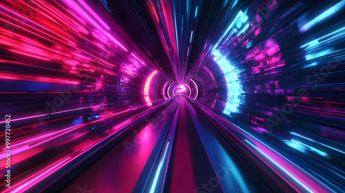 Fototapeta Naklejka Na Ścianę i Meble -  3d illustration of abstract flight in retro neon hyper warp space in the tunnel. Space Odyssey. Illustration