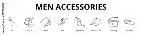 Men Accessories Line Banner Web Icon Set Vector Illustration, Tie Watch Wallet Belt Sunglasses Baseball Cap Sling Bag Oxford