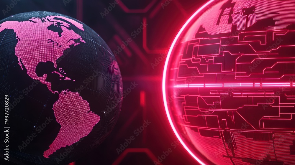 Futuristic globe design with neon elements on dark background.