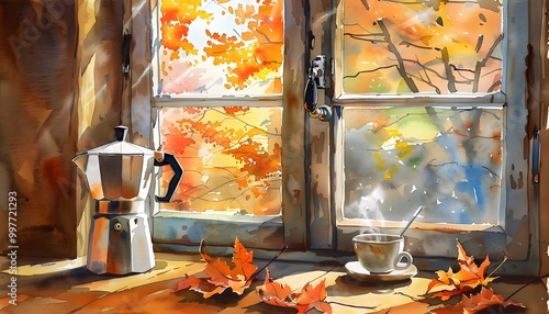 Cozy autumn scene with colorful leaves, coffee maker, and cup by a window, evoking warmth and relaxation in a rustic setting. photo