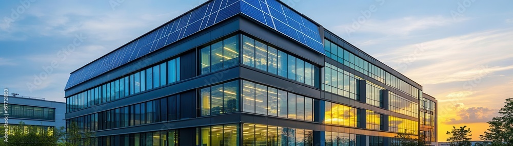 An energy-efficient office building in a sustainable business district, with solar panels and natural lighting, green business district, eco-friendly urban planning An energy-efficient office building in a sustainable business district, with solar panels and natural lighting, green business district, eco-friendly urban planning