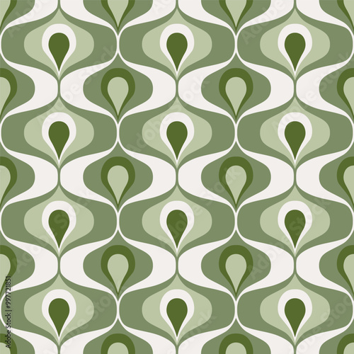 Retro midcentury ogee ovals sage green vector pattern.  Retro 70s geo teardrops pattern, pastel sage green ogee ovals seamless pattern for fabric, wallpaper and wrapping paper.